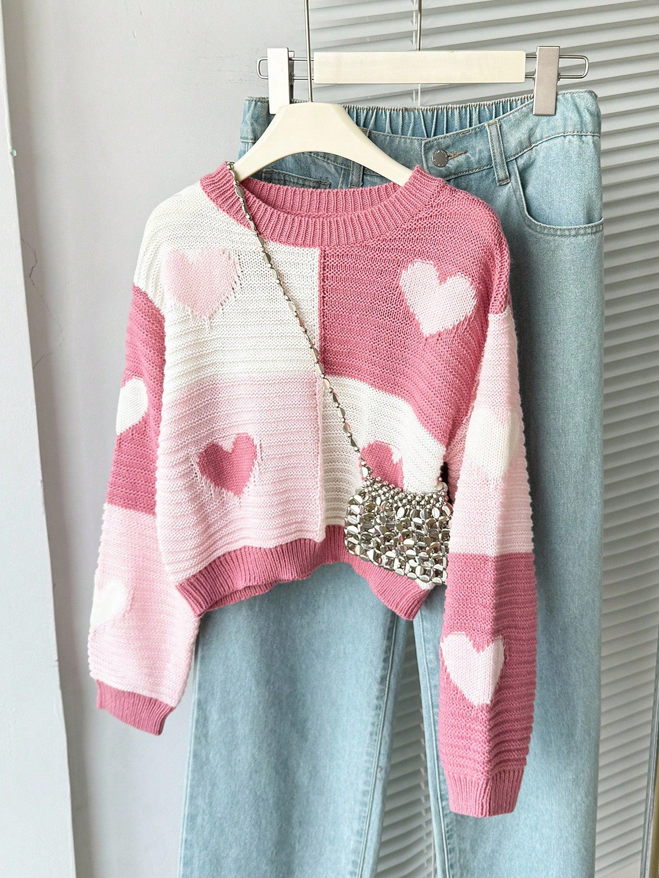 Autumn Cute Light Pink Holiday Girls Heart Pattern Crew Neck Knit Sweater,Pink & White Contrast Thick Pullover For Tween Girls,School Daily Casual