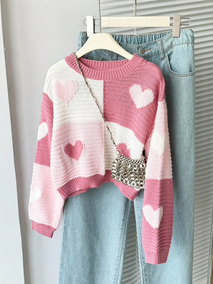 Autumn Cute Light Pink Holiday Girls Heart Pattern Crew Neck Knit Sweater,Pink & White Contrast Thick Pullover For Tween Girls,School Daily Casual