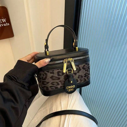 Autumn/Winter New Mini Letter Pendant Decor Vintage Patchwork Leopard Print Cosmetic Bag Handheld Square Bag Niche Fashion Bucket Bag Box Bag