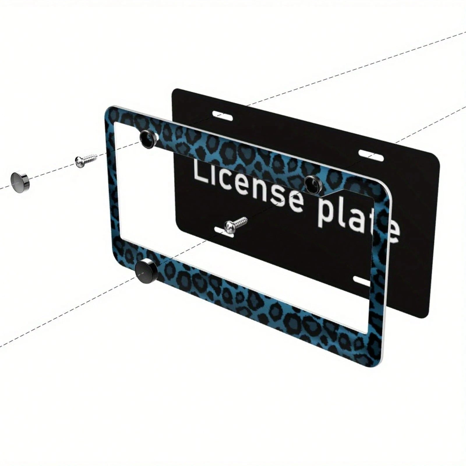 [Available] 2D Flat Car K Single Piece Decoration Only, 2D Flat Design Specially Designed For Men's And Women's License Plate Frames, Aluminum License Plate Frame With Blue Leopard Print Animal Patter