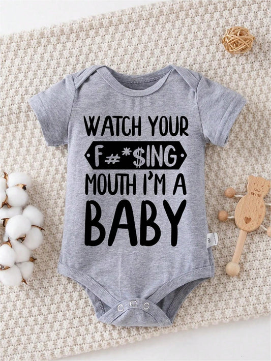 AYJK7 Be Careful Of Your Mouth, I Am A Baby Letter Print, Comfortable Summer Outdoor Activity Transparent Jacket, 100% Cotton Newborn Crawling Suit, Soft Round Neck Short Sleeved Baby Triangle Jumpsui