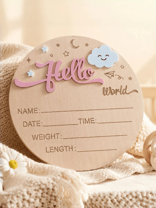 Baby Announcement Sign, Wooden Hello World Newborn Signs, Birth Announcement Sign, Moon And White Cloud Decoration, Welcome Newborn Arrival To World