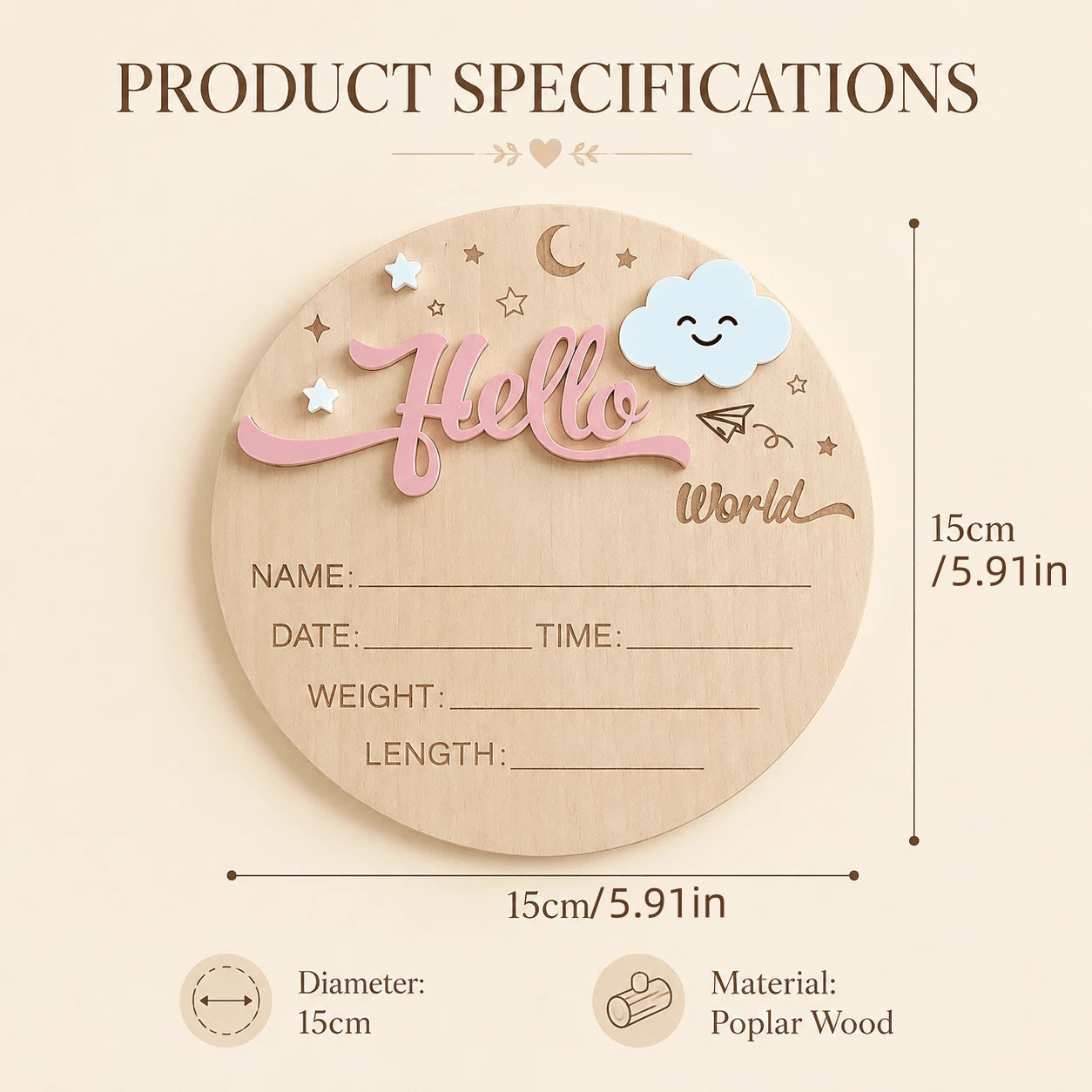 Baby Announcement Sign, Wooden Hello World Newborn Signs, Birth Announcement Sign, Moon And White Cloud Decoration, Welcome Newborn Arrival To World