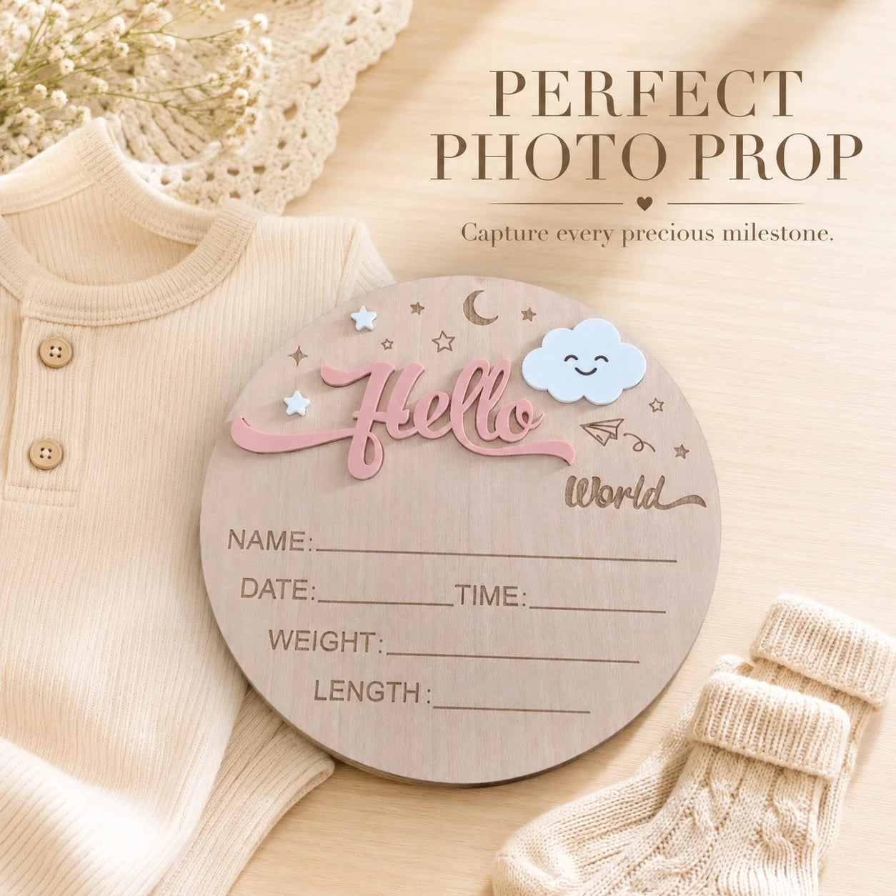 Baby Announcement Sign, Wooden Hello World Newborn Signs, Birth Announcement Sign, Moon And White Cloud Decoration, Welcome Newborn Arrival To World