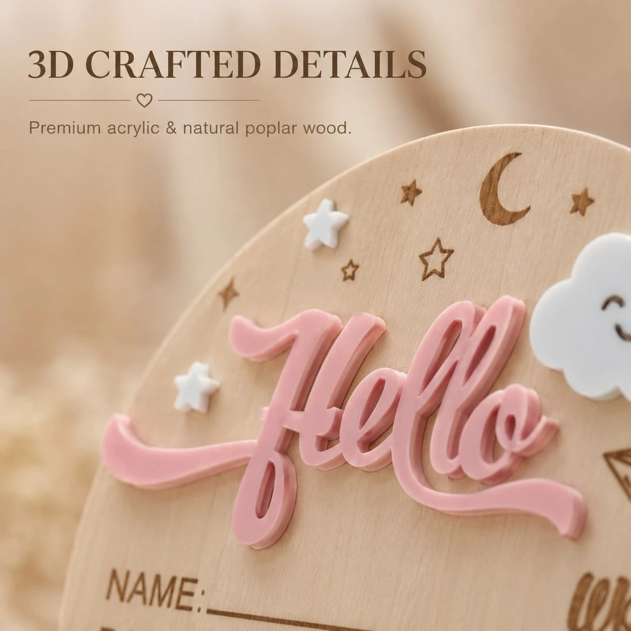 Baby Announcement Sign, Wooden Hello World Newborn Signs, Birth Announcement Sign, Moon And White Cloud Decoration, Welcome Newborn Arrival To World