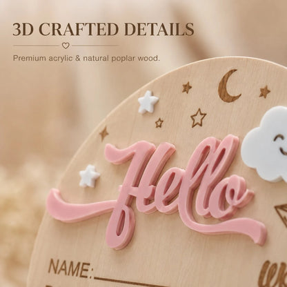 Baby Announcement Sign, Wooden Hello World Newborn Signs, Birth Announcement Sign, Moon And White Cloud Decoration, Welcome Newborn Arrival To World