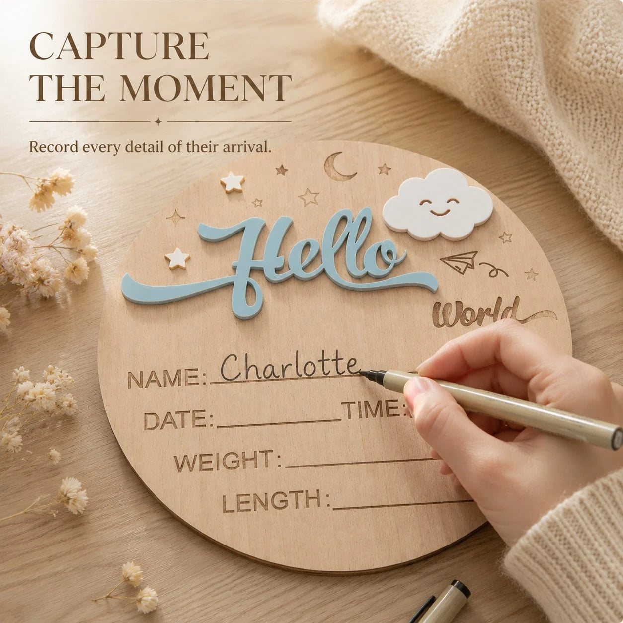 Baby Announcement Sign, Wooden Hello World Newborn Signs, Birth Announcement Sign, Moon And White Cloud Decoration, Welcome Newborn Arrival To World