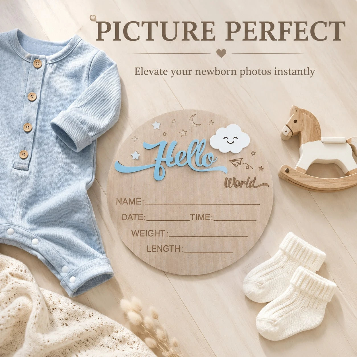 Baby Announcement Sign, Wooden Hello World Newborn Signs, Birth Announcement Sign, Moon And White Cloud Decoration, Welcome Newborn Arrival To World
