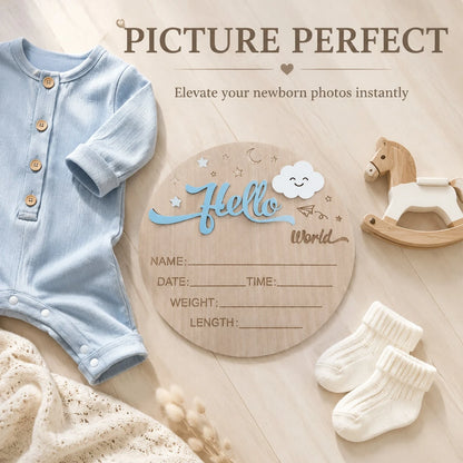 Baby Announcement Sign, Wooden Hello World Newborn Signs, Birth Announcement Sign, Moon And White Cloud Decoration, Welcome Newborn Arrival To World