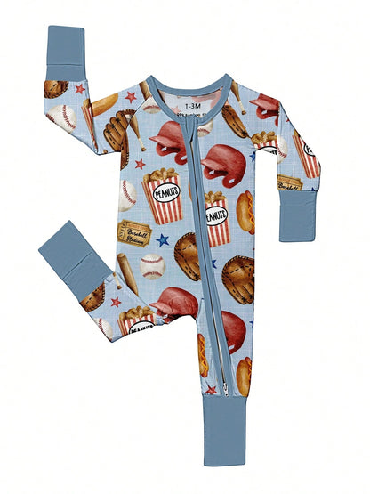 Baby Bamboo Fiber Zip-Up, Baseball Print Romper, All-Season Knit Fabric Skinny Fit With Zipper Detail, Boy Baby Girl Clothes, Perfect For Outdoor