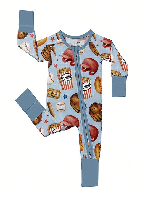 Baby Bamboo Fiber Zip-Up, Baseball Print Romper, All-Season Knit Fabric Skinny Fit With Zipper Detail, Boy Baby Girl Clothes, Perfect For Outdoor