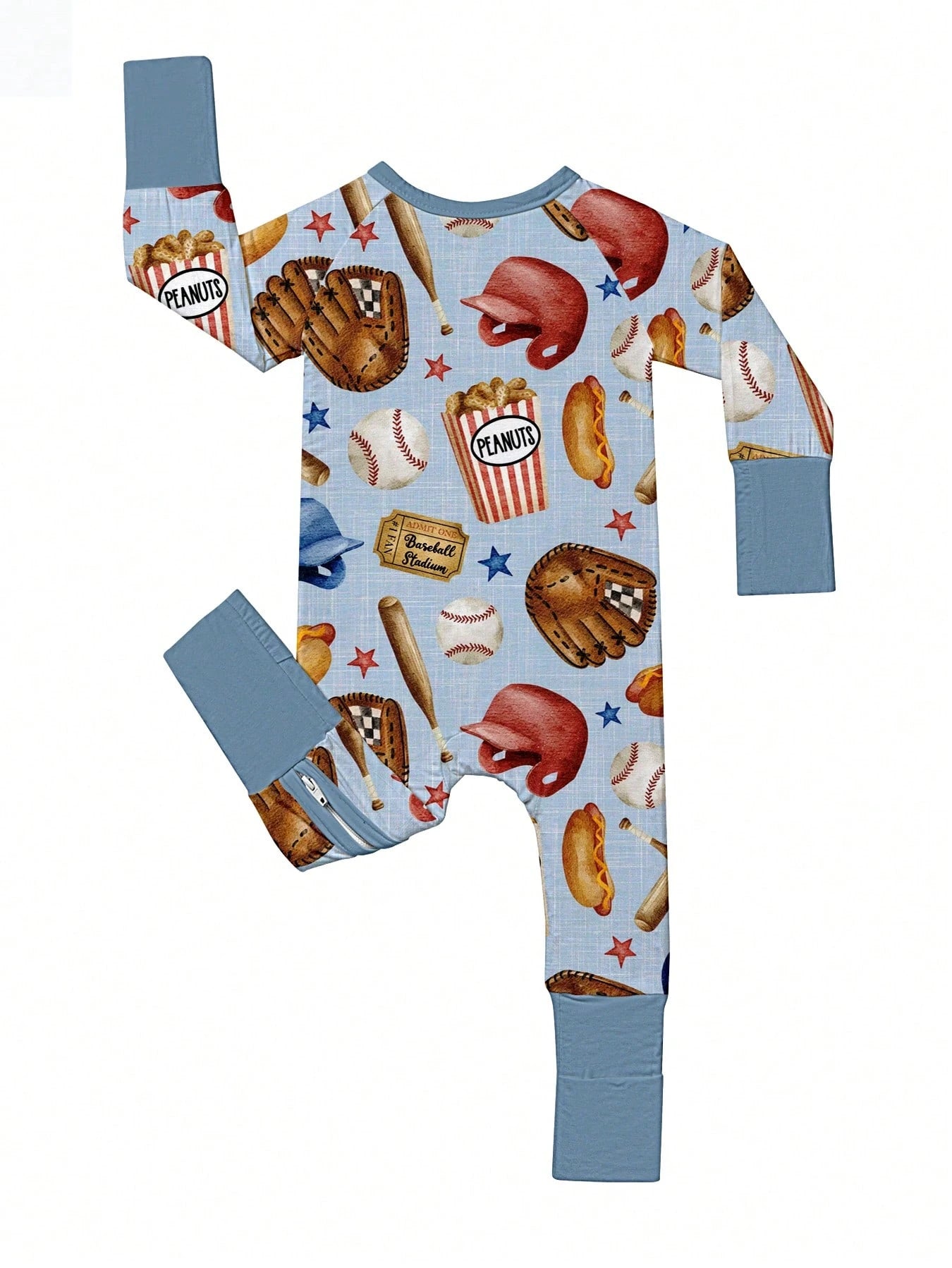 Baby Bamboo Fiber Zip-Up, Baseball Print Romper, All-Season Knit Fabric Skinny Fit With Zipper Detail, Boy Baby Girl Clothes, Perfect For Outdoor