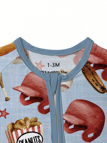 Baby Bamboo Fiber Zip-Up, Baseball Print Romper, All-Season Knit Fabric Skinny Fit With Zipper Detail, Boy Baby Girl Clothes, Perfect For Outdoor