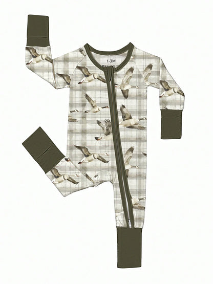 Baby Bamboo Fiber Zip-Up, Duck Print Romper, All-Season Knit Fabric Skinny Fit With Zipper Detail, Boy Baby Clothes, Perfect For Outdoor