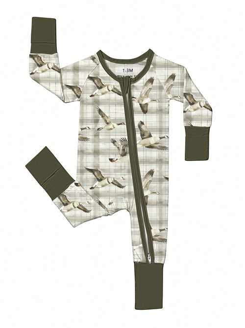 Baby Bamboo Fiber Zip-Up, Duck Print Romper, All-Season Knit Fabric Skinny Fit With Zipper Detail, Boy Baby Clothes, Perfect For Outdoor