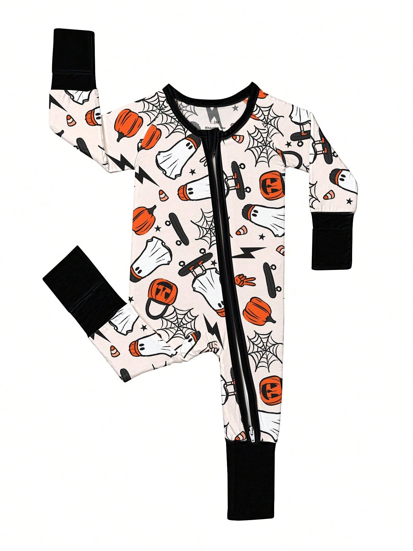 Baby Bamboo Fiber Zip-Up, Ghost Skateboard Pumpkin Print Romper, All-Season Knit Fabric Skinny Fit With Zipper Detail, Boy Baby Girl Halloween Clothes, Perfect For Outdoor