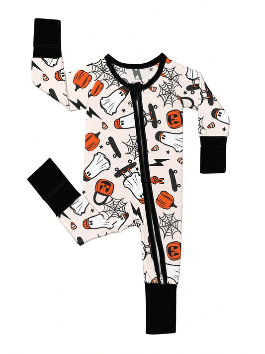 Baby Bamboo Fiber Zip-Up, Ghost Skateboard Pumpkin Print Romper, All-Season Knit Fabric Skinny Fit With Zipper Detail, Boy Baby Girl Halloween Clothes, Perfect For Outdoor