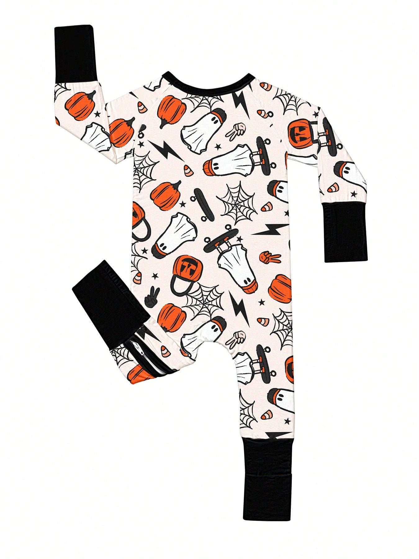 Baby Bamboo Fiber Zip-Up, Ghost Skateboard Pumpkin Print Romper, All-Season Knit Fabric Skinny Fit With Zipper Detail, Boy Baby Girl Halloween Clothes, Perfect For Outdoor