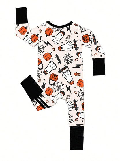 Baby Bamboo Fiber Zip-Up, Ghost Skateboard Pumpkin Print Romper, All-Season Knit Fabric Skinny Fit With Zipper Detail, Boy Baby Girl Halloween Clothes, Perfect For Outdoor