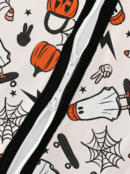 Baby Bamboo Fiber Zip-Up, Ghost Skateboard Pumpkin Print Romper, All-Season Knit Fabric Skinny Fit With Zipper Detail, Boy Baby Girl Halloween Clothes, Perfect For Outdoor