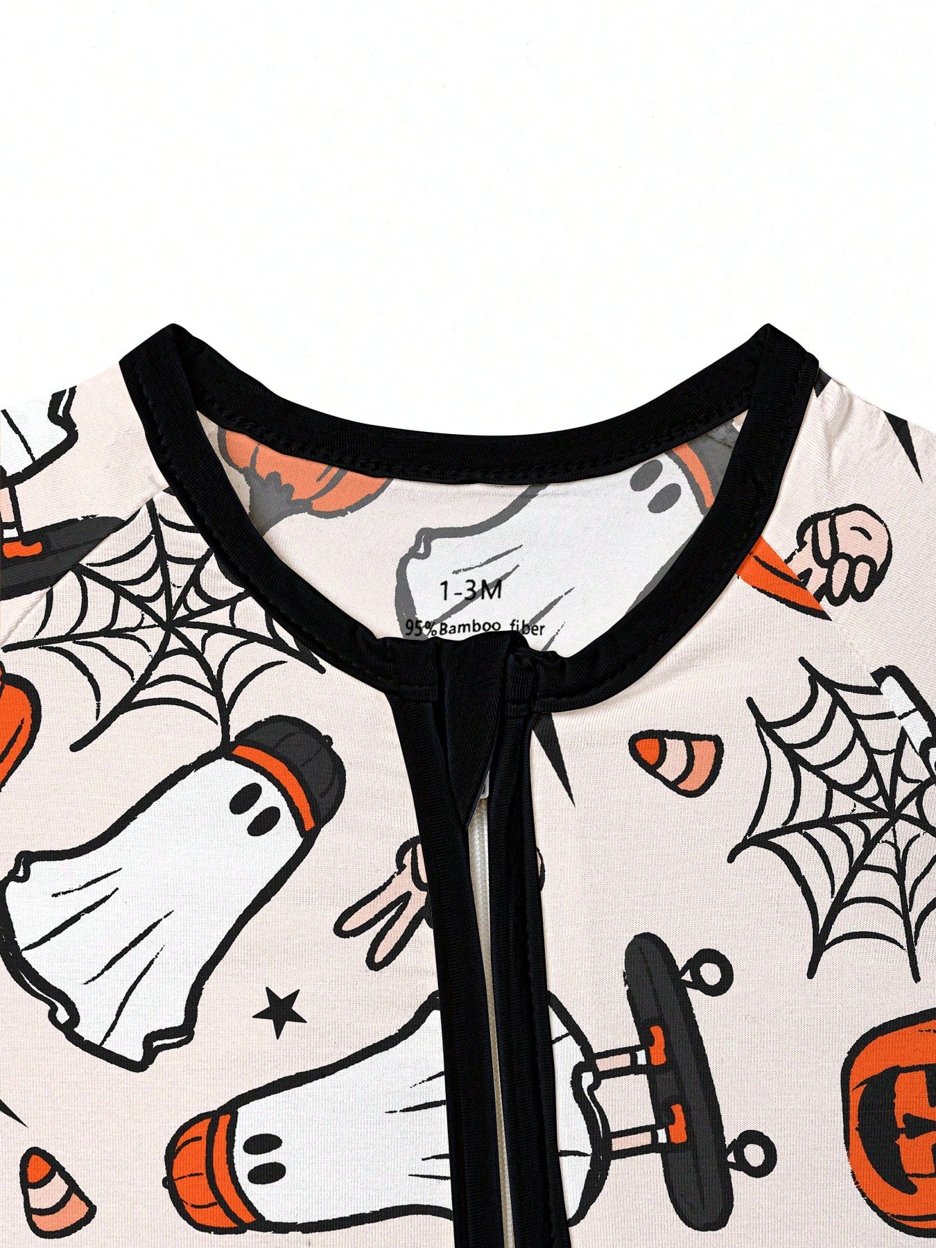 Baby Bamboo Fiber Zip-Up, Ghost Skateboard Pumpkin Print Romper, All-Season Knit Fabric Skinny Fit With Zipper Detail, Boy Baby Girl Halloween Clothes, Perfect For Outdoor