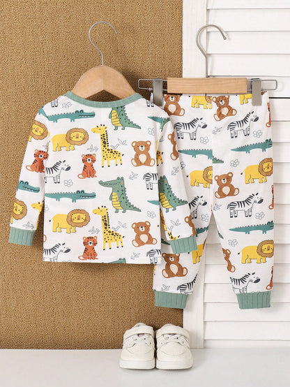 Baby Boy Baby Girl Snug Fit Autumn/Winter Cute Animal Pattern Ribbed Crew Neck Long Sleeve Top + Pajama Pants Soft Comfortable Tight Fit Sleepwear Loungewear Set 2pcs, Christmas, New Year, Pajam
