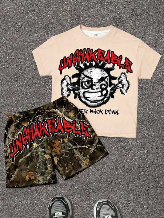 Baby Boy Casual Beige Summer Beach T-Shirt Set,Unshakable Graphic Tee&Camo Shorts,Kids 2 Piece Minimalist Outfit,Vintage Cargo Camo Clothes For Boys