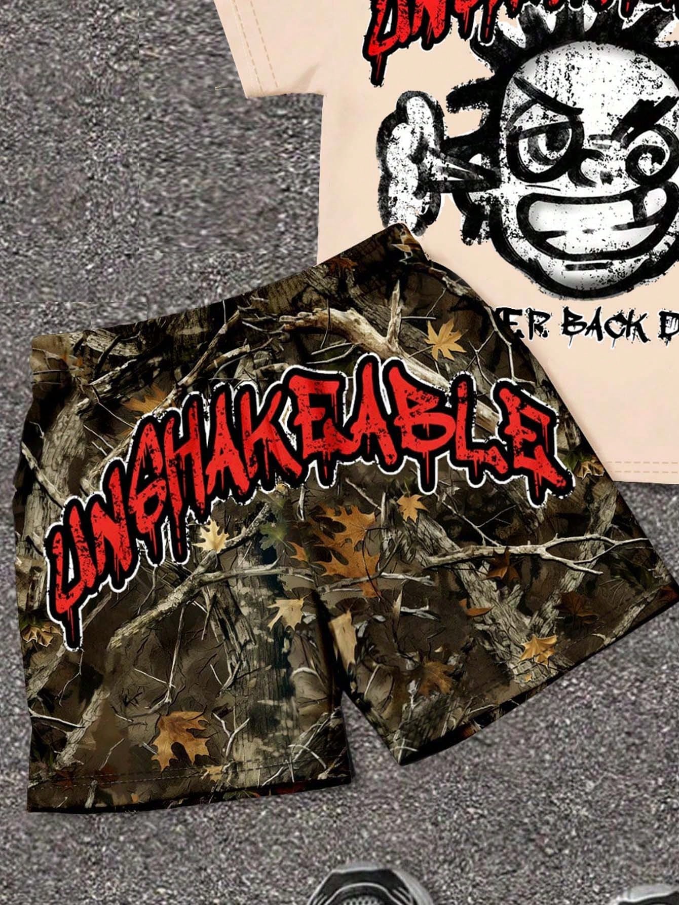 Baby Boy Casual Beige Summer Beach T-Shirt Set,Unshakable Graphic Tee&Camo Shorts,Kids 2 Piece Minimalist Outfit,Vintage Cargo Camo Clothes For Boys
