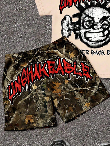 Baby Boy Casual Beige Summer Beach T-Shirt Set,Unshakable Graphic Tee&Camo Shorts,Kids 2 Piece Minimalist Outfit,Vintage Cargo Camo Clothes For Boys