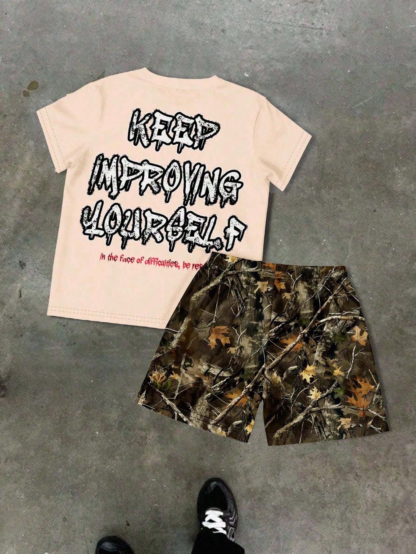 Baby Boy Casual Beige Summer Beach T-Shirt Set,Unshakable Graphic Tee&Camo Shorts,Kids 2 Piece Minimalist Outfit,Vintage Cargo Camo Clothes For Boys