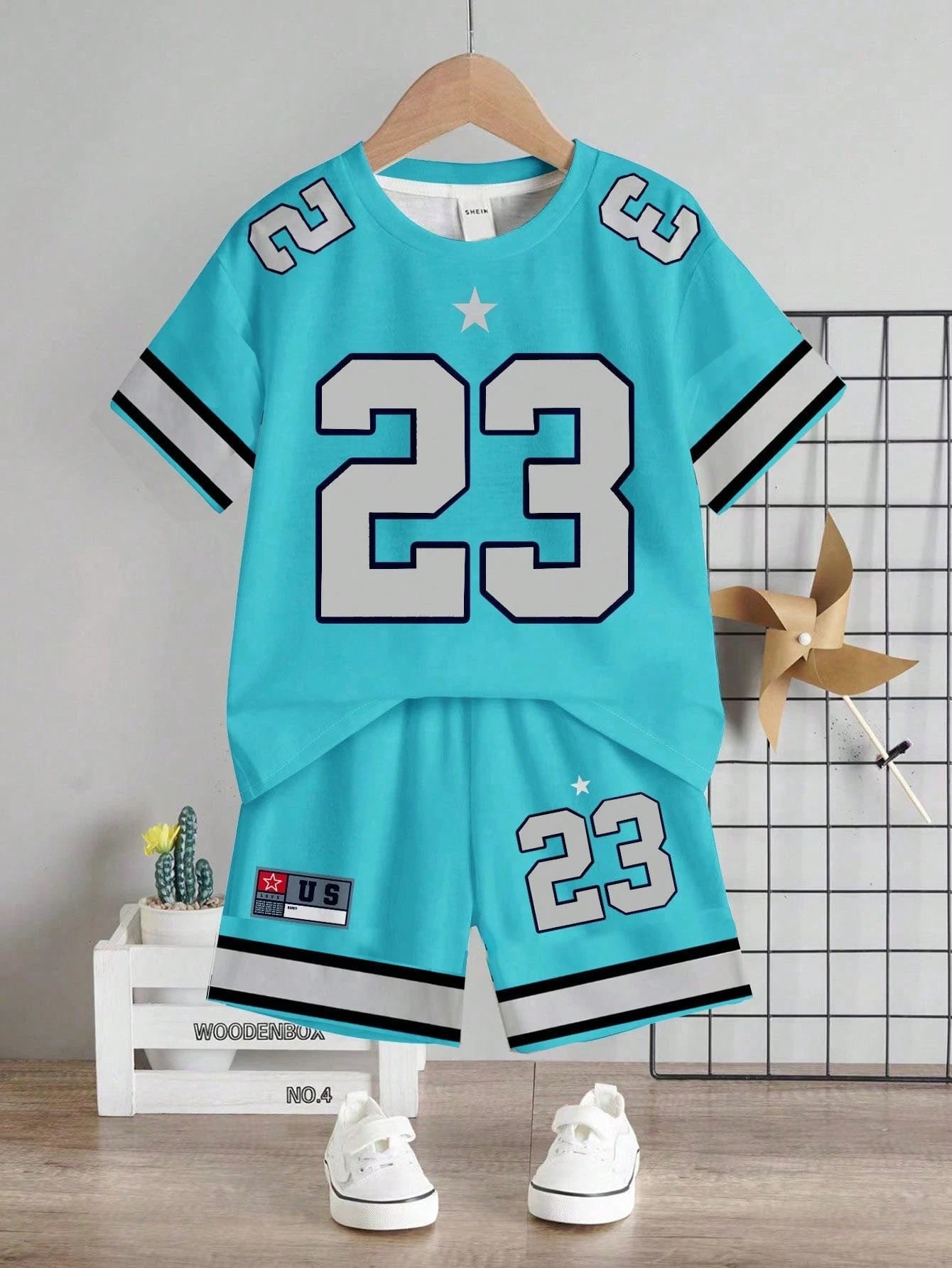 Baby Boy Casual Cowboy Minimalist Number Print T-Shirt And Shorts Set, Suitable For Summer Beach Teal