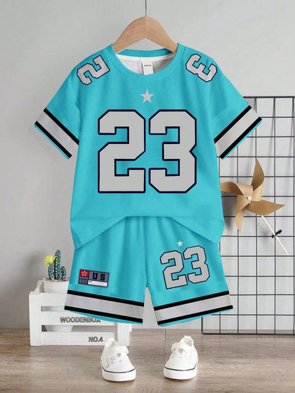 Baby Boy Casual Cowboy Minimalist Number Print T-Shirt And Shorts Set, Suitable For Summer Beach Teal