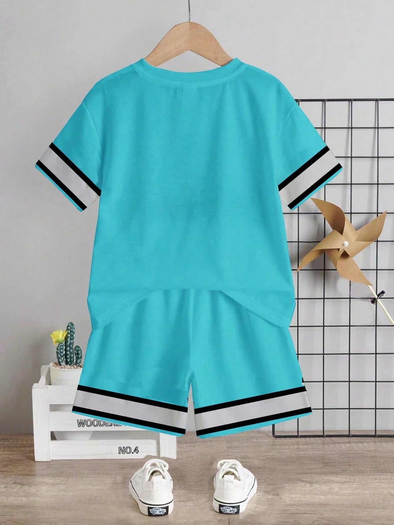Baby Boy Casual Cowboy Minimalist Number Print T-Shirt And Shorts Set, Suitable For Summer Beach Teal