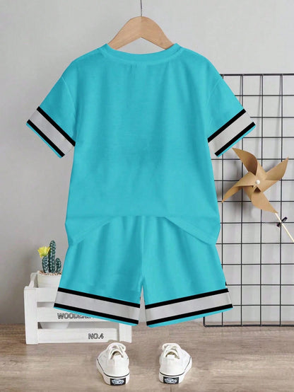 Baby Boy Casual Cowboy Minimalist Number Print T-Shirt And Shorts Set, Suitable For Summer Beach Teal
