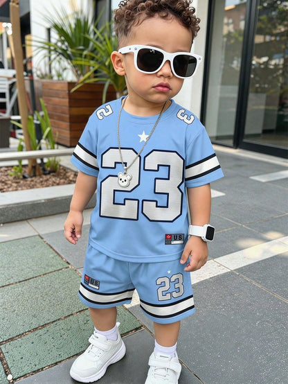 Baby Boy Casual Cowboy Minimalist Number Print T-Shirt And Shorts Set, Suitable For Summer Beach Teal