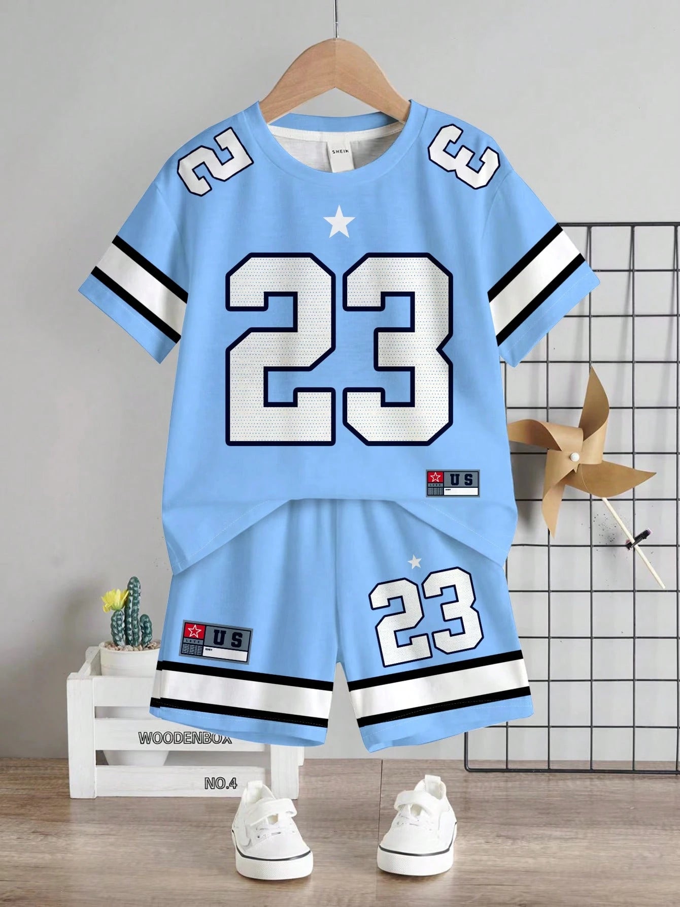 Baby Boy Casual Cowboy Minimalist Number Print T-Shirt And Shorts Set, Suitable For Summer Beach Teal