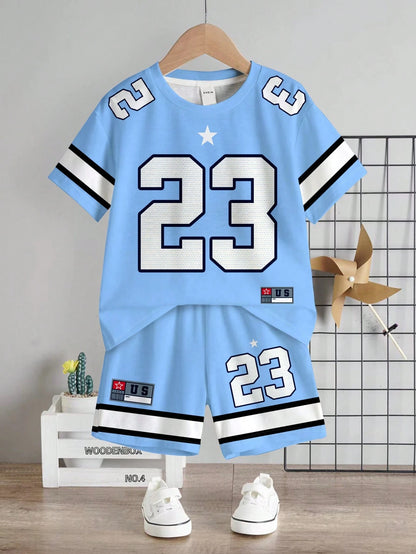 Baby Boy Casual Cowboy Minimalist Number Print T-Shirt And Shorts Set, Suitable For Summer Beach Teal
