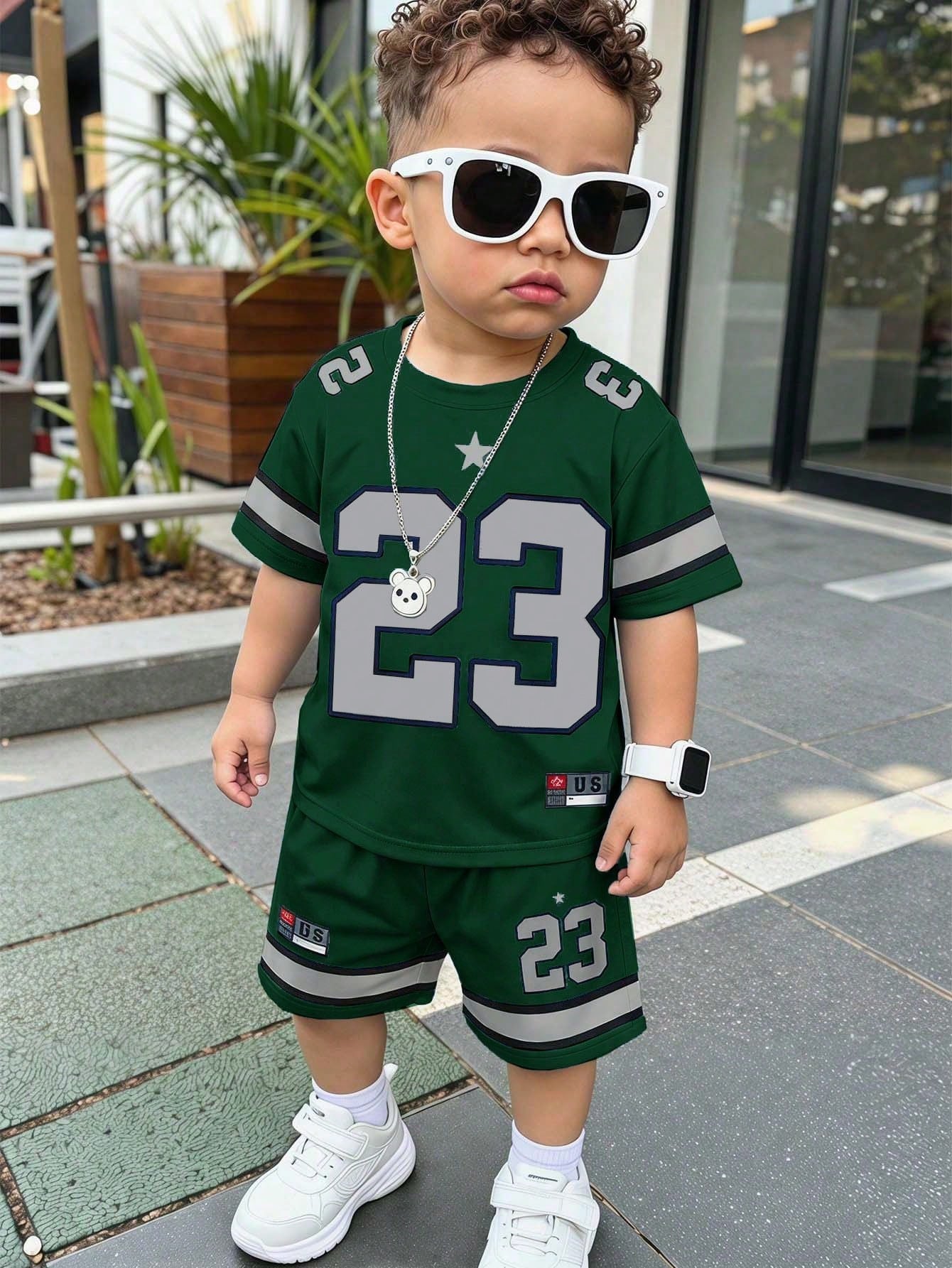 Baby Boy Casual Cowboy Minimalist Number Print T-Shirt And Shorts Set, Suitable For Summer Beach Teal