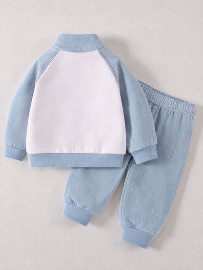 Baby Boy Fall Outfits Color Block Letter Print Sweaters Set Half Zip Long Sleeve Casual Sporty Tops Pants Back To School Cute School Wear