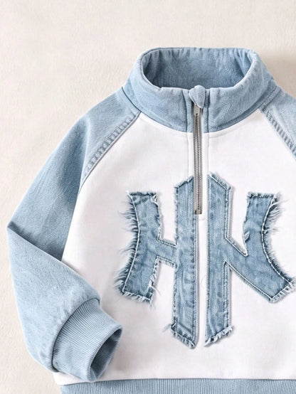 Baby Boy Fall Outfits Color Block Letter Print Sweaters Set Half Zip Long Sleeve Casual Sporty Tops Pants Back To School Cute School Wear