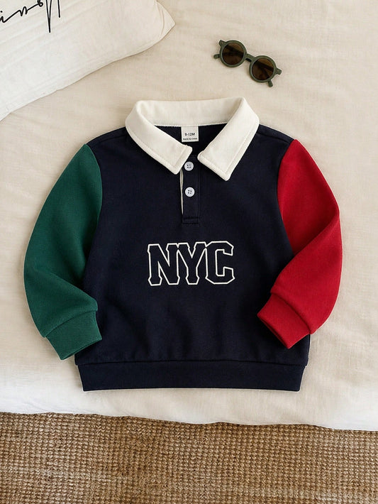 Baby Boy Girl Toddler Long Sleeve Polo Shirt,Navy Blue Contrast Color Block,Casual Chic Back-To-School Wear,Autumn Carrer Day Outfit,Christmas Party