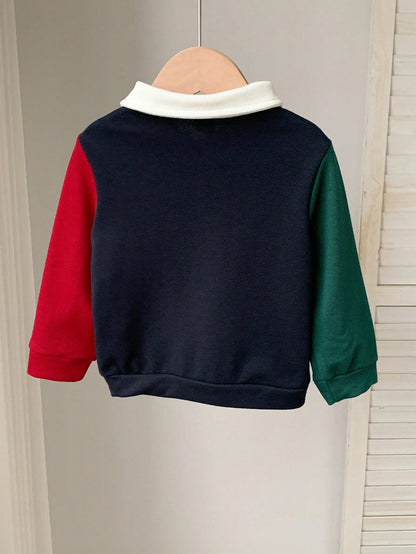 Baby Boy Girl Toddler Long Sleeve Polo Shirt,Navy Blue Contrast Color Block,Casual Chic Back-To-School Wear,Autumn Carrer Day Outfit,Christmas Party