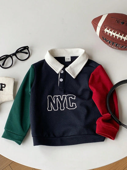Baby Boy Girl Toddler Long Sleeve Polo Shirt,Navy Blue Contrast Color Block,Casual Chic Back-To-School Wear,Autumn Carrer Day Outfit,Christmas Party