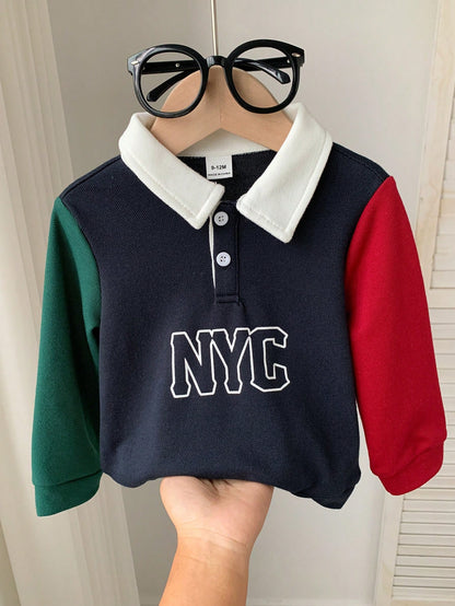 Baby Boy Girl Toddler Long Sleeve Polo Shirt,Navy Blue Contrast Color Block,Casual Chic Back-To-School Wear,Autumn Carrer Day Outfit,Christmas Party