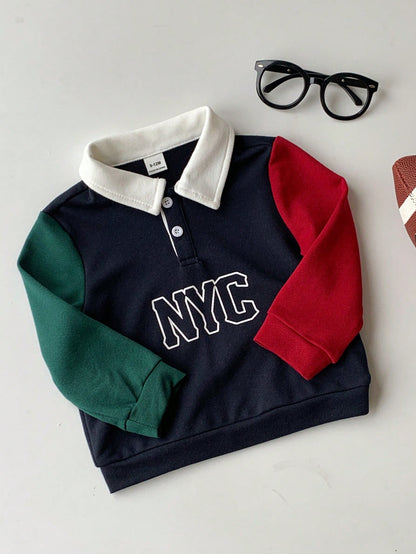 Baby Boy Girl Toddler Long Sleeve Polo Shirt,Navy Blue Contrast Color Block,Casual Chic Back-To-School Wear,Autumn Carrer Day Outfit,Christmas Party