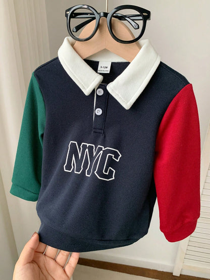 Baby Boy Girl Toddler Long Sleeve Polo Shirt,Navy Blue Contrast Color Block,Casual Chic Back-To-School Wear,Autumn Carrer Day Outfit,Christmas Party