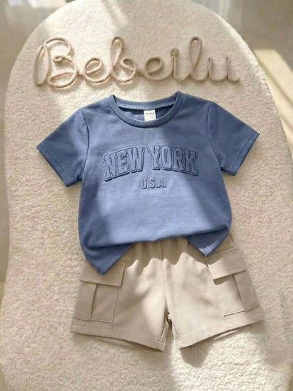 Baby Boy Letter Print Round Neck Short Sleeve T-Shirt And Shorts Casual Daily Outfit