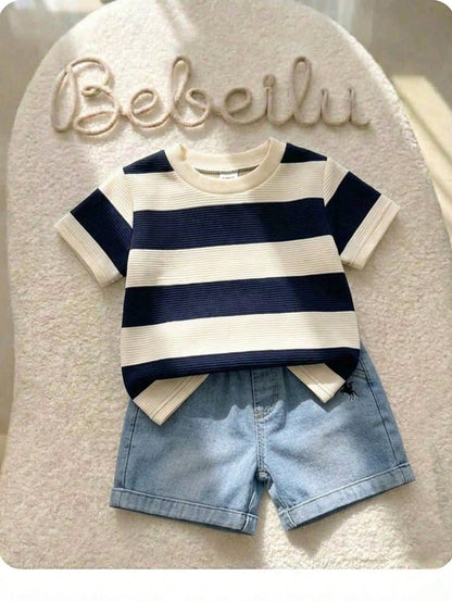 Baby Boy Letter Print Round Neck Short Sleeve T-Shirt And Shorts Casual Daily Outfit