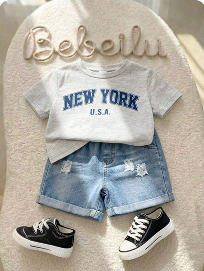 Baby Boy Letter Print Round Neck Short Sleeve T-Shirt And Shorts Casual Daily Outfit