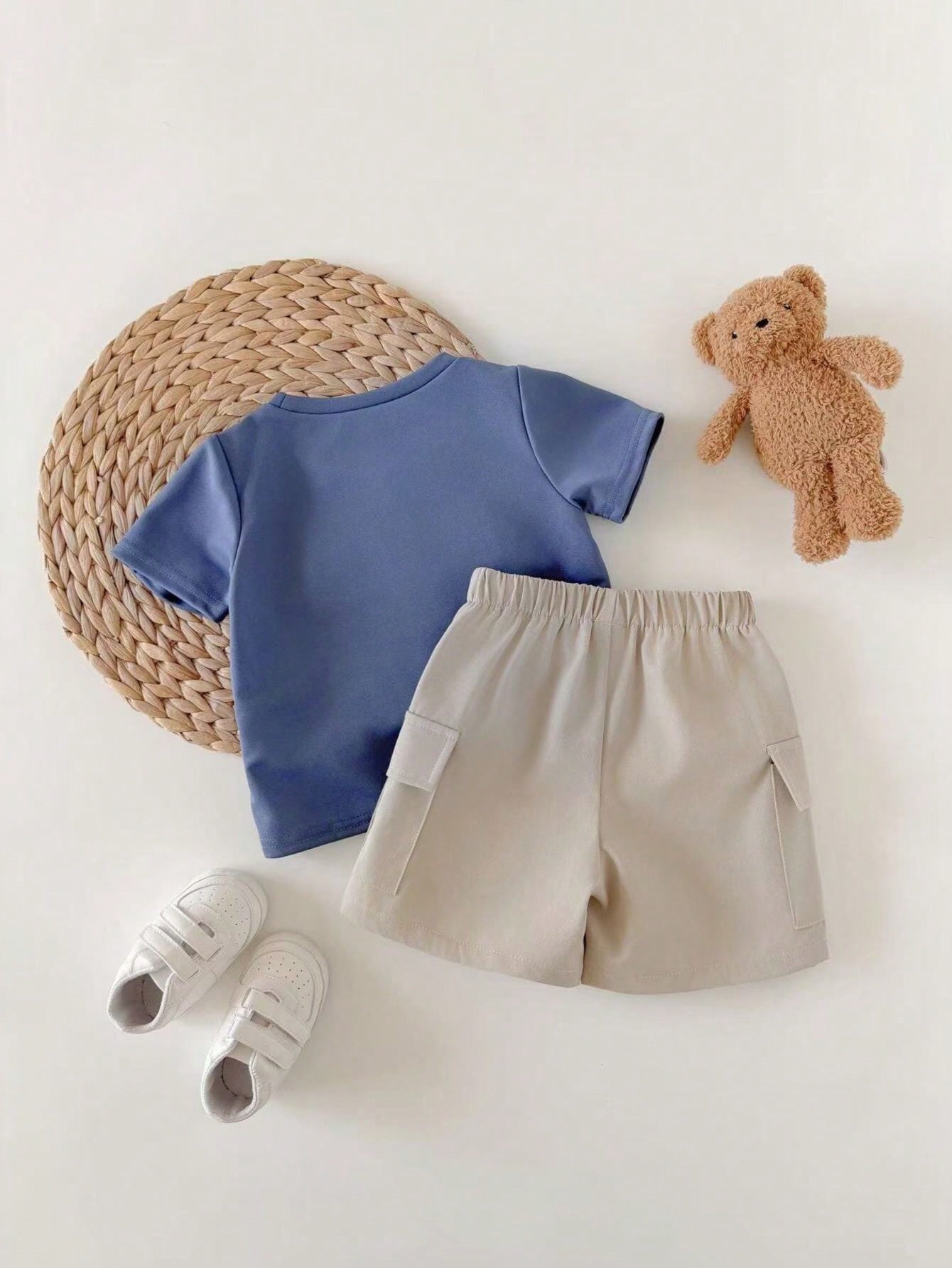 Baby Boy Letter Print Round Neck Short Sleeve T-Shirt And Shorts Casual Daily Outfit